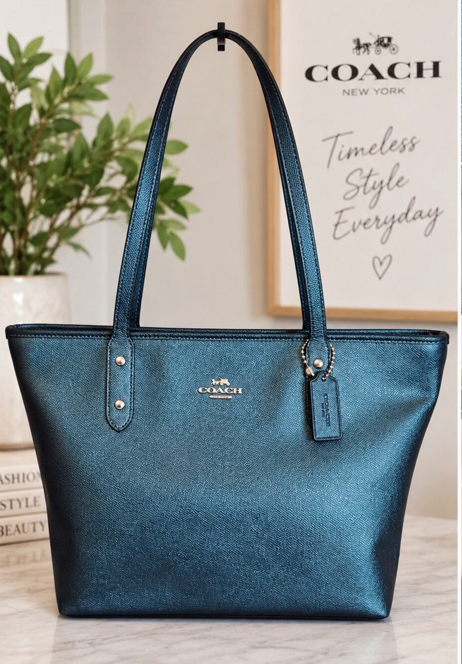 Coach City Zip Tote F16224 Metallic Dark Teal Crossgrain Leather Shoulder Bag